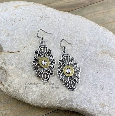 The Preacher's Wife Bullet Earrings, Winchester Brass 223, Antique Silver & Gold, Elegant, Filigree, Swarovski Crystal, Boho