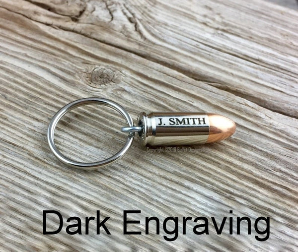 Custom Engraved Keychain Keyrring 9mm Nickel Bullet, Unique