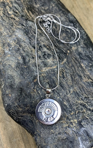 Custom 12 Gauge Winchester Shotgun Necklace, Bullet Jewelry, Silver Tone, Stainless Steel Adjustable Chain, Swarovski Crystal