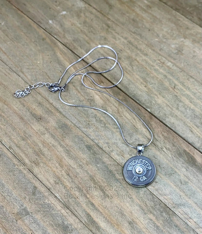 Custom 12 Gauge Winchester Shotgun Necklace, Bullet Jewelry, Silver Tone, Stainless Steel Adjustable Chain, Swarovski Crystal