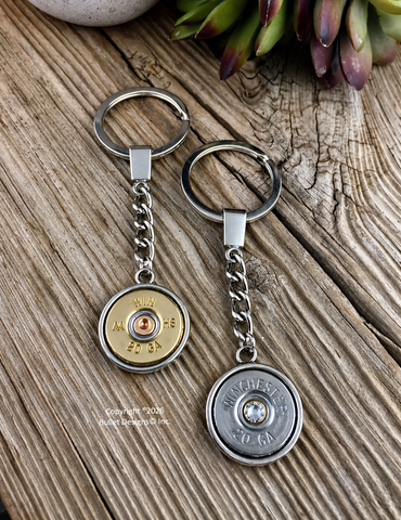 Custom Shotgun Keychain, 20 Gauge Keychain, Engraved Dark TNR, Silver
