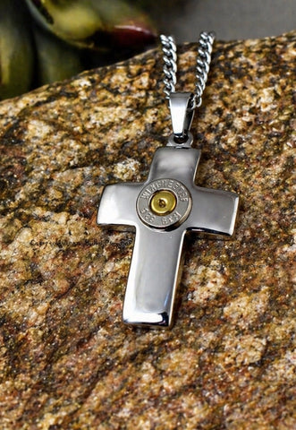 Stainless Steel Domed Men's Cross Bullet Necklace, Polished, Religious Necklace, Custom, 223, M-4, AR-15