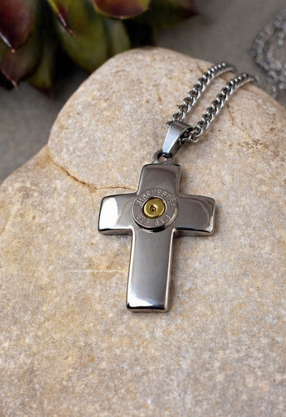 Stainless Steel Domed Men's Cross Bullet Necklace, Polished, Religious Necklace, Custom, 223, M-4, AR-15