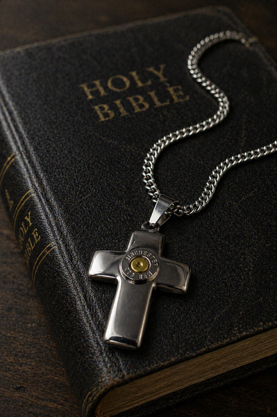 Stainless Steel Domed Men's Cross Bullet Necklace, Polished, Religious Necklace, Custom, 223, M-4, AR-15
