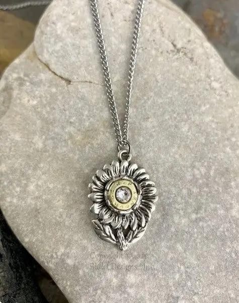 Bullet Necklace, 22 Hornet Necklace, Swarovski Crystal, Stainless Steel Chain, Flower, Floral, Brass Bullet, Recycled, Summer, Spring