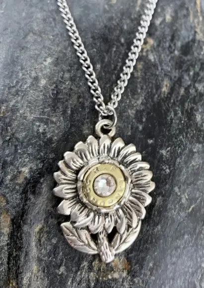 Bullet Necklace, 22 Hornet Necklace, Swarovski Crystal, Stainless Steel Chain, Flower, Floral, Brass Bullet, Recycled, Summer, Spring