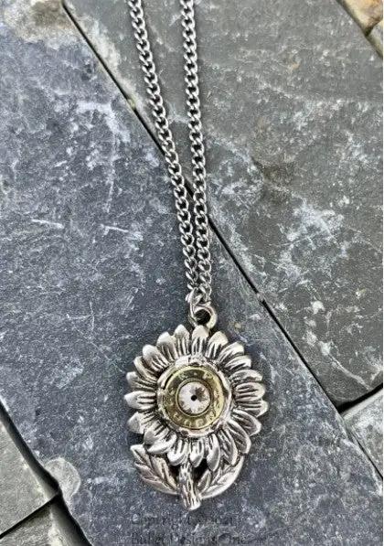 Bullet Necklace, 22 Hornet Necklace, Swarovski Crystal, Stainless Steel Chain, Flower, Floral, Brass Bullet, Recycled, Summer, Spring