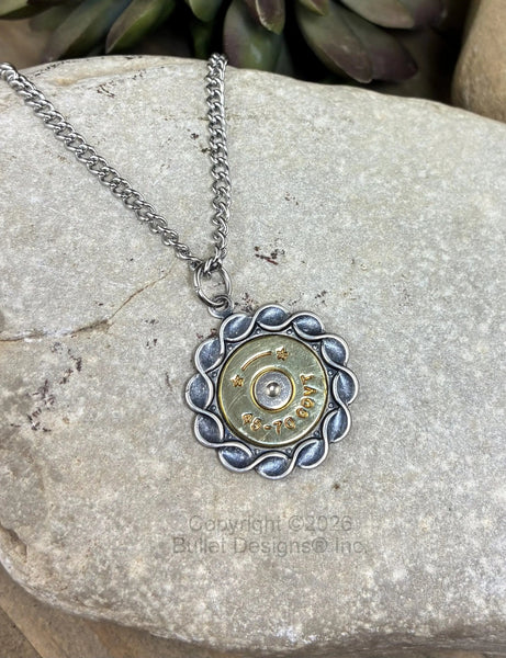 45-70 Custom Bullet Necklace, Vintage Inspired, Brass, Stainless Steel, Hand Crafted, Rope, Antique, Silver, Round