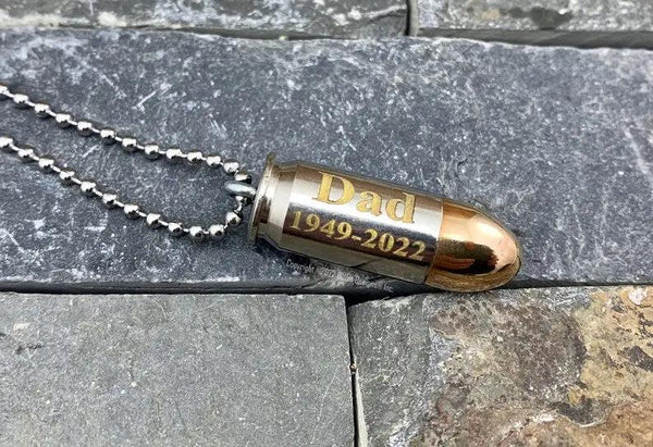Custom Engraved 9mm or 45 ACP Auto Urn Bullet Necklace, DIY, Personalized Memorial Keychain Ash Holder, Gold or Dark Engraving TNR