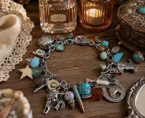 Wild Wild West Bullet Charm Bracelet with 37 charms, 14 reversible bullet charms