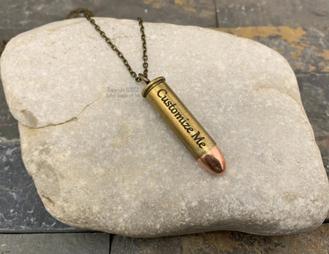 Custom Engraved Antique Brass Bullet Necklace, Dark Engraving, Bronze, 357 Mag or 38 Special