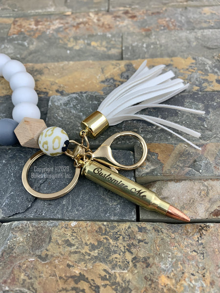 Custom Engraved Brass Bullet Wristlet Keychain, DARK Laser Engraving, Silicone Bead Bracelet Keyring, Tassel, Personalized, Bridal, 223 AR15