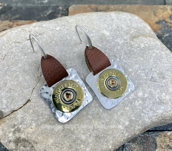 Leather Accent Bullet Earrings, 28 Gauge Shotgun Shell, Hammered Silver Metal, Western, Boho