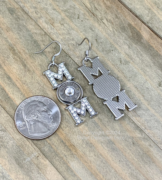 Mom Bullet Earrings, Choice of Bullet Caliber in Nickel or Brass,  308, 45 auto, 243, 30-06, Swarovski Crystal, Mother's Day Gift, Mom Gift