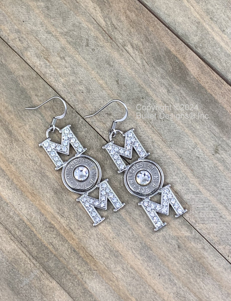 Mom Bullet Earrings, Choice of Bullet Caliber in Nickel or Brass,  308, 45 auto, 243, 30-06, Swarovski Crystal, Mother's Day Gift, Mom Gift