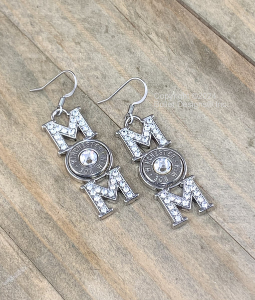 Mom Bullet Earrings, Choice of Bullet Caliber in Nickel or Brass,  308, 45 auto, 243, 30-06, Swarovski Crystal, Mother's Day Gift, Mom Gift