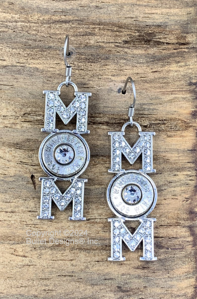 Mom Bullet Earrings, Choice of Bullet Caliber in Nickel or Brass,  308, 45 auto, 243, 30-06, Swarovski Crystal, Mother's Day Gift, Mom Gift