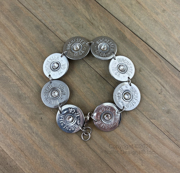 Custom Winchester 12 Gauge Shotgun Shell Nickel Bullet Tennis Bracelet with Swarovski Crystals