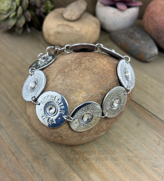 Custom Winchester 12 Gauge Shotgun Shell Nickel Bullet Tennis Bracelet with Swarovski Crystals