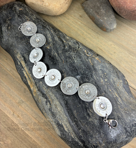 Custom Winchester 12 Gauge Shotgun Shell Nickel Bullet Tennis Bracelet with Swarovski Crystals
