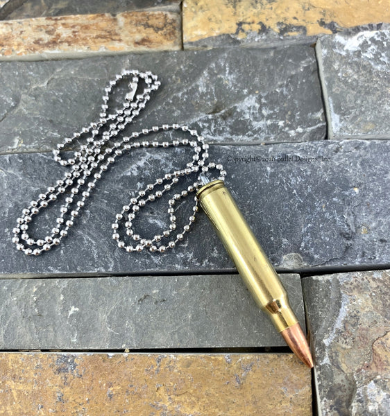 223 Brass Bullet & Casing Necklace, Stainless Steel Silver Ball Chain