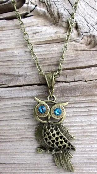 223 Thin Antique Brass Bullet Bronze Owl Necklace