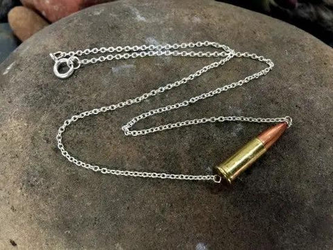 22 Caliber Bullet Casing Choker Necklace, Sterling Silver Chain, Brass Bullet