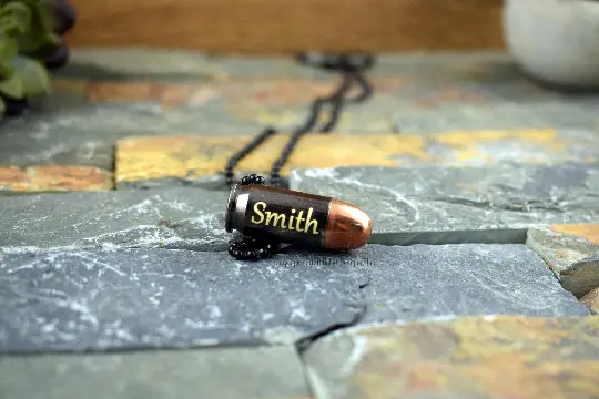 .45 Auto Black Bullet Necklace, Gold Engraved, Drilled, Gab