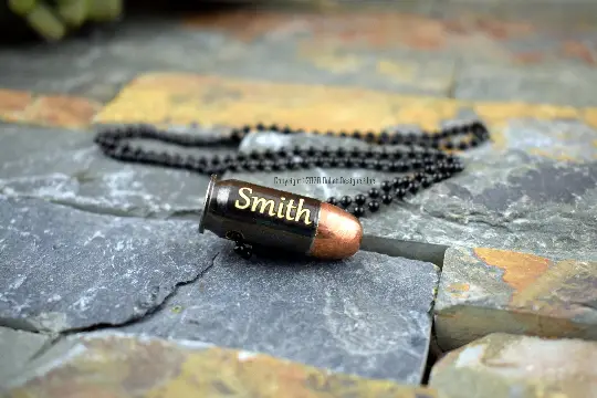 .45 Auto Black Bullet Necklace, Gold Engraved, Drilled, Gab