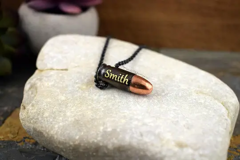 9mm Black Bullet Necklace, Gold Engraved, Custom, Drilled