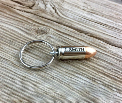Custom Engraved Bullet Key Chain, Keychain, Keyring, DARK Engraving, Small Pistol, 9mm, 380, or 40 Cal