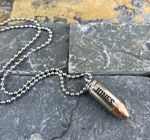 Custom Engraved 9mm Nickel Bullet & Casing Necklace, Dark Engraving