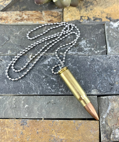 AK-47 Brass Bullet & Casing Necklace, Silver Stainless Steel Ball Chain