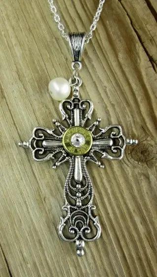 Elegant Cross and Pearl Bullet Necklace