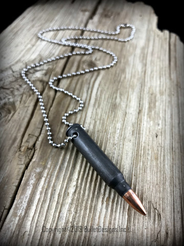 223, M4, AR15 Gray Steel Bullet Necklace, Custom Necklace, Grey, Drilled, Stainless Steel Ball Chain Silver