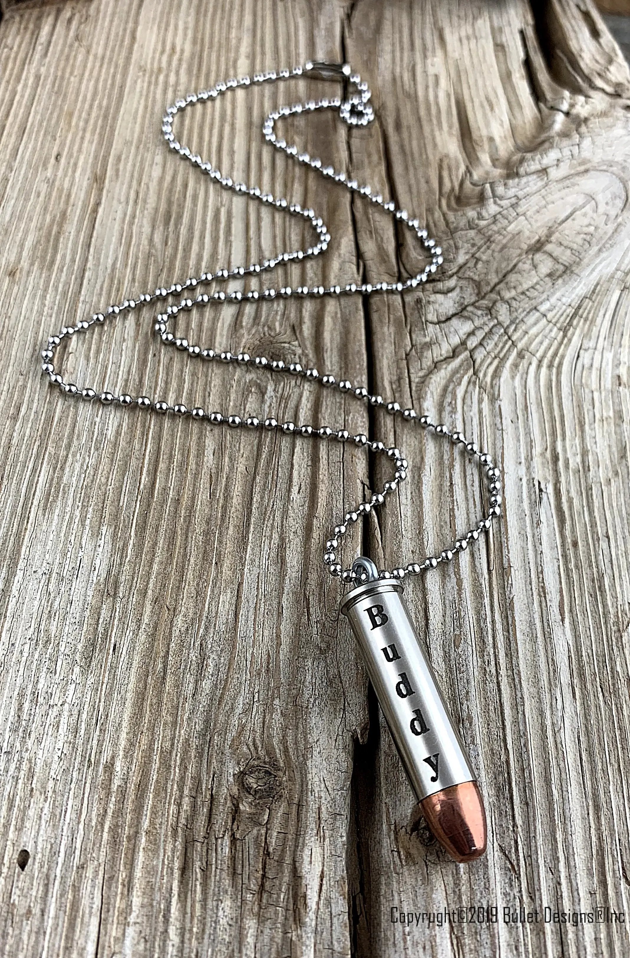 Laser Engraved Bullet Necklace, Dark Vertical, Real Bullet