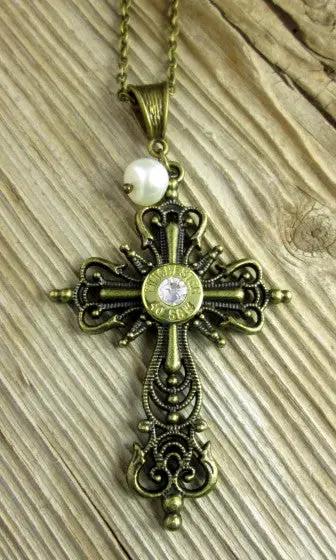 Elegant Cross and Pearl Bullet Necklace
