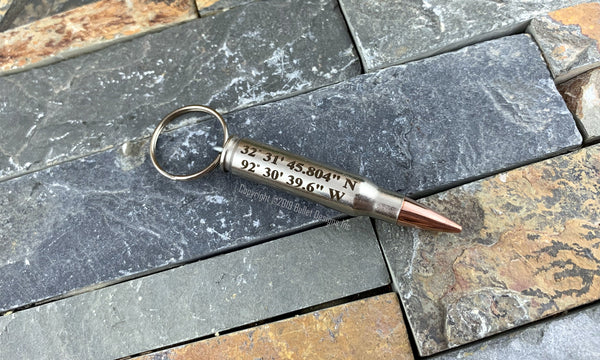 GPS Dark Engraved Bullet Keychain, Custom Coordinates Personalized Keyring,  308, 223, AR-15
