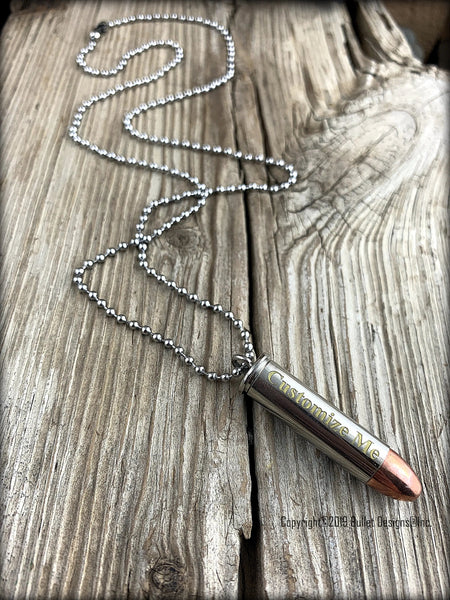 Engraved Bullet Necklace, GOLD AND SILVER Engraving, 357 Mag, 38 Special, Colt 45