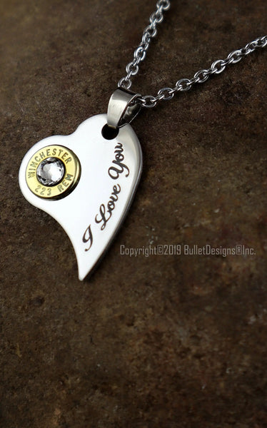 I Love You Engraved Heart Bullet Necklace- DARK Engraving, 223 Brass