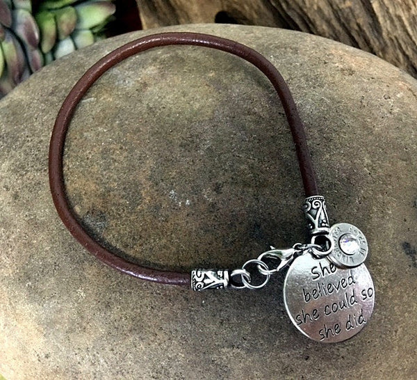 38 Special Leather Bullet Charm Bracelet  "She Believed She Could So She Did"