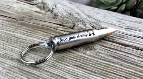 Love You Dearly Valentine's Nickel Bullet Keychain, DARK Engraving, 308, 30-06, 30-30, 270, 243, ak-47,223, ar15, M4