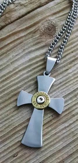 Men's Stainless Steel Cross Bullet Necklace, 223, 9mm – Bullet