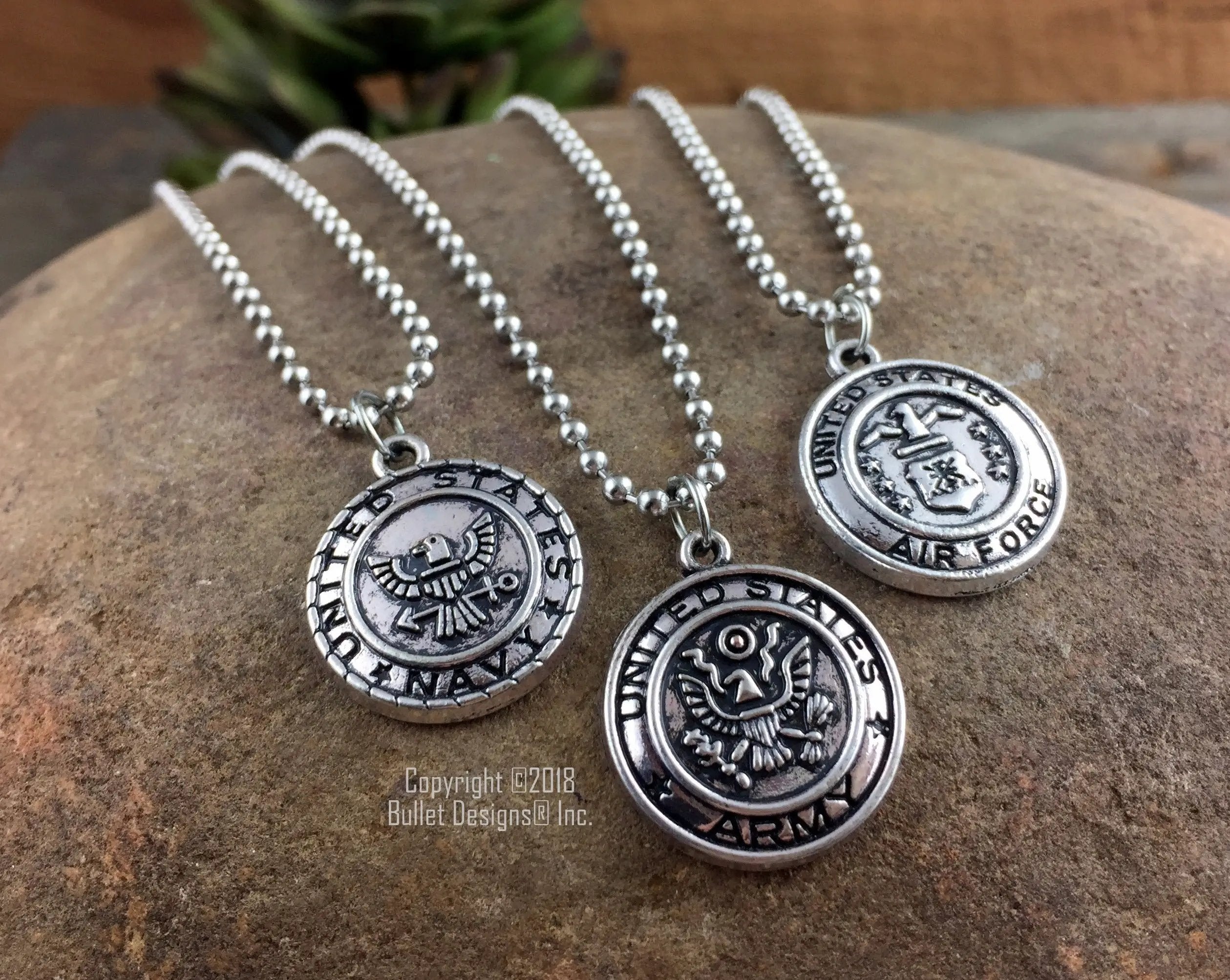 Military Necklace, Army, Navy, Air Force, Silver Tone – Bullet