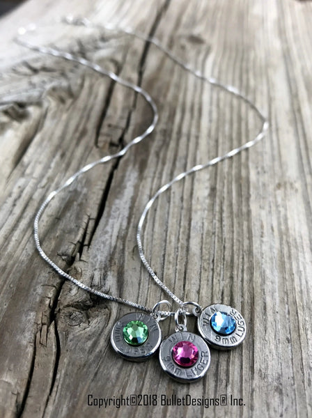 Mother's Day Bullet Necklace, Sterling Silver, Custom Birthstone Necklace, 9mm Nickel Bullet