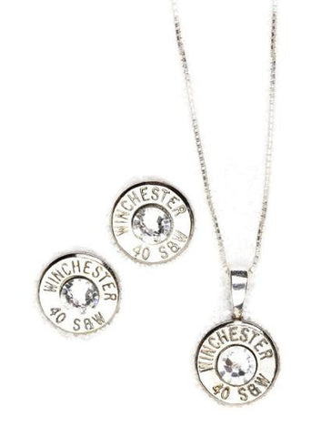 40 Caliber Bullet Nickel Gift Set (Stud Earrings & Sterling Silver Necklace)