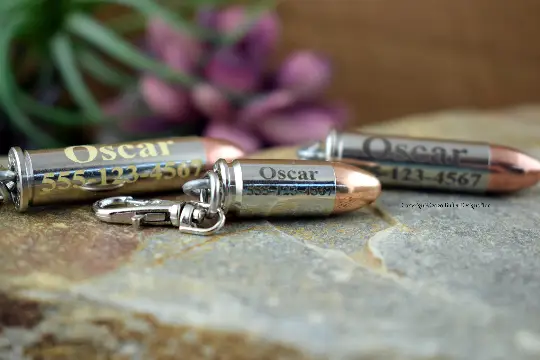 Custom Engraved Bullet Pet Tag Personalized Dog Tag 357 Dark Engraving Small Shown
