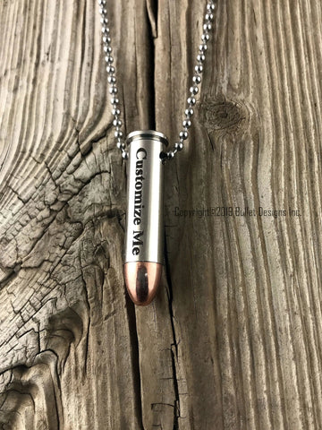 Custom Dark Engraved Nickel Bullet Necklace, Drilled Bullet, Dark Engraving, 357, 38 Special, Custom