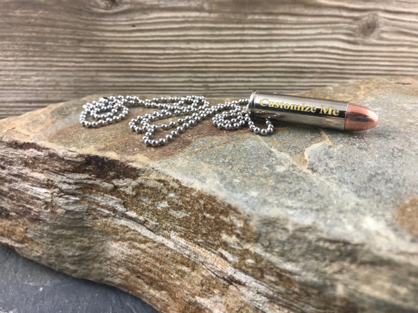Custom Gold Engraved Nickel Bullet Necklace, Drilled Bullet, Gold Engraving, 357, 38 Special, Custom