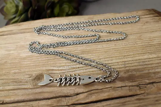 Fish Bone Necklace, Long, Skeleton Fishing, Women's Silver, Custom